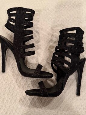 bebe Black Glitter Strappy Stiletto Sandals